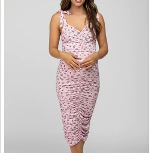 Pink floral ribbed ruched shoulder tie maternity dress